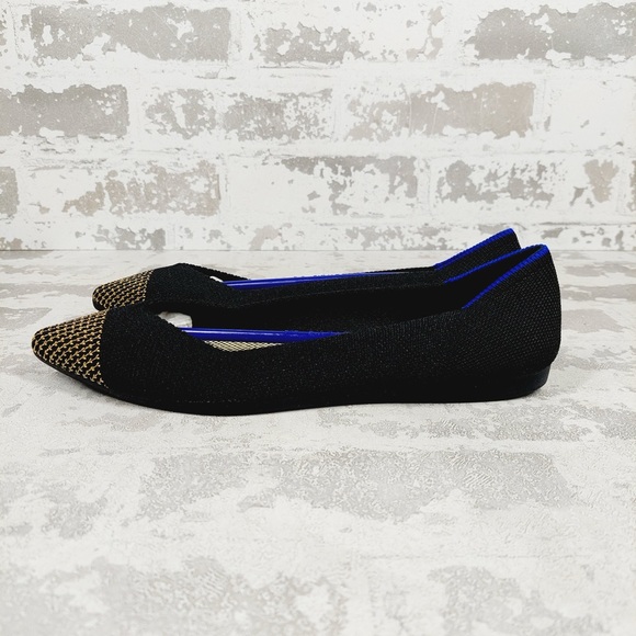 NEW Rothy's The Flat Black Knit Gold Pointy Toe Slip On Loafers F682